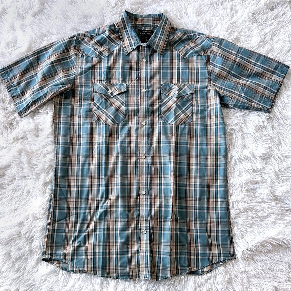 Vintage High Noon pearl snap turquoise plaid short sleeve western shirt Sz L/XL